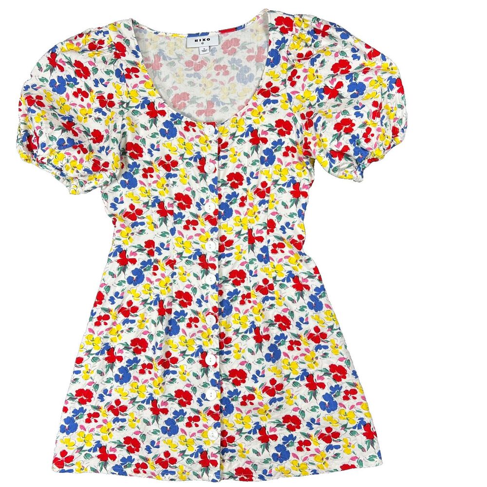 RIXO x‎ Target Dress White Floral Babydoll Linen Short Puff Sleeve Fit & Flare 6